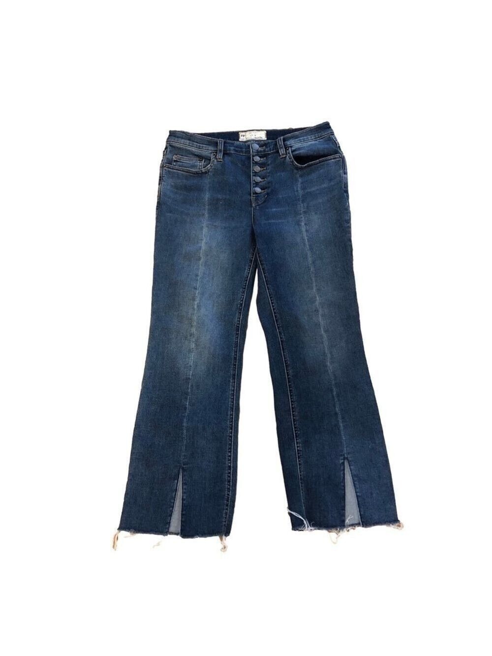 FREE PEOPLE Sz 29 Baby Bell Button Fly Flare Crop Frayed Spilt Hem Jeans, Blue,